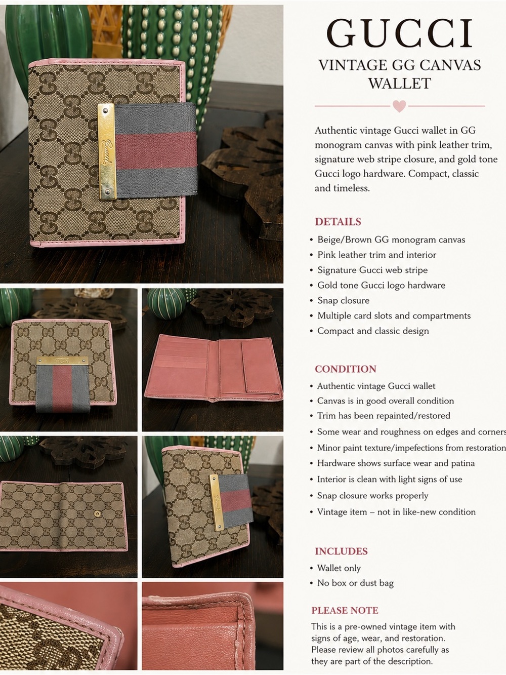 Gucci Vintage GG Canvas Wallet in Pink Trim with Web Stripe - Picture 3 of 10